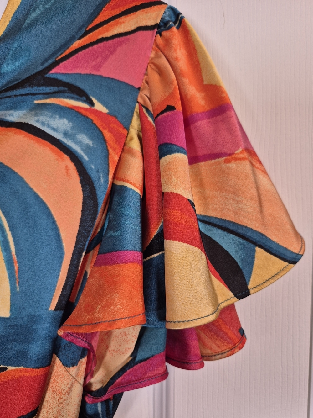 Nicole Miller Flutter Sleeve Ruffle Wrap Midi Dress Abstract Art Print S - Picture 7 of 8
